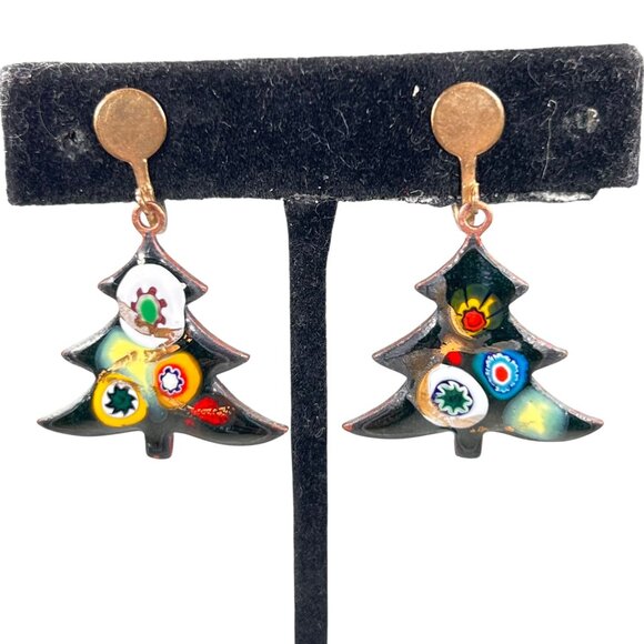 Vtg Millefiori Tree Screwback Earrings Enamel Glass Art Jewelry Retro Holiday - Picture 1 of 6